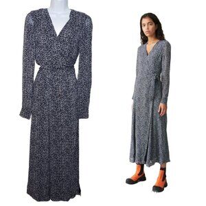NWT GANNI Sz 36 Georgette Wrap Dress in Phantom Floral Maxi Sheer, Blue (1459)